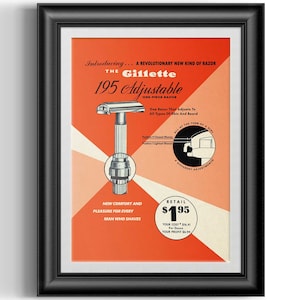 Gillette 195 Bottom Dial adjustable safety razor advert reproduction wet shaving print