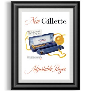Gillette Toggle safety razor vintage advert poster print, remastered barber shop man cave poster art gift for him