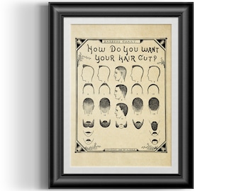 How do you want your hair cut barbers chart, mens haircuts reproduction poster print for vintage style barbershop and hair salon decor