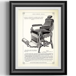 Reclining barbershop chair in hair dressing position, vintage reproduction print from 1885 Barber&#39;s Reference Book by Gustav Knecht