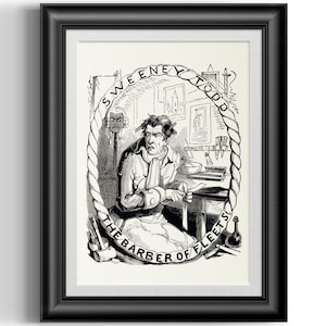 May include: A black and white illustration of Sweeney Todd, the barber of Fleet Street, sitting at a table in his shop. He is holding a razor and looking at a piece of paper. The illustration is surrounded by a rope border with the words "Sweeney Todd, The Barber of Fleet Street" written on it.