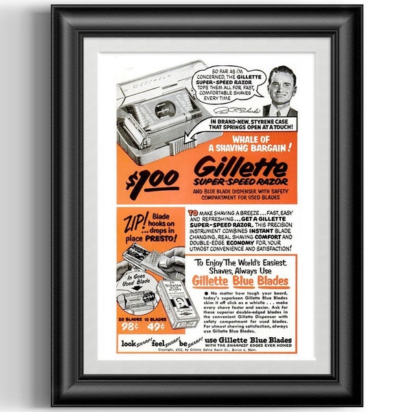 Vintage Gillette Black Tip Super-Speed razor poster print, remastered and cleaned barber shop wet shaving and shave den wall decor art