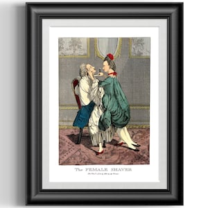 A female barber shaving a man and they both enjoy it quite a bit. This is a reproduction of an old English coloured engraving from 1773