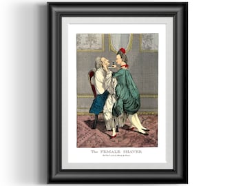 A female barber shaving a man and they both enjoy it quite a bit. This is a reproduction of an old English coloured engraving from 1773