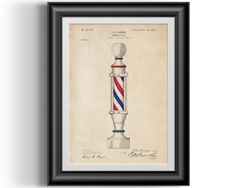 Barbers' pole patent drawing, remastered and enhanced patent illustration poster print art for man cave shave den and barber decor