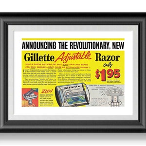 1958 Gillette FatBoy Red Dot Adjustable safety razor advert reproduction print, remastered traditional wet shaving shave den bathroom poster