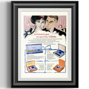 Vintage Gillette double edge safety razors gift sets advert poster print, remastered barber shop man cave fathers gift art poster