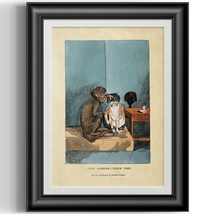 May include: A vintage illustration of a monkey shaving a cat. The monkey is sitting on a stool and holding a razor. The cat is sitting on a table and has a towel around its neck. The illustration is titled "Jack Barber - Letting Tom".