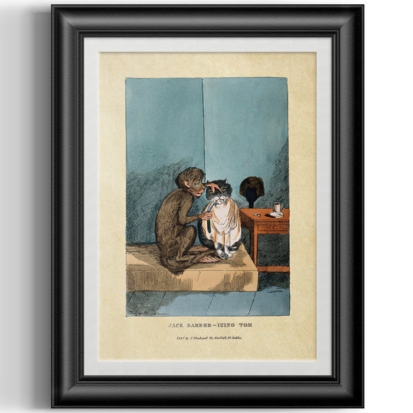 Monkey shaving a cat with a straight razor, reproduction print of a vintage coloured etching for barber shop wall decor