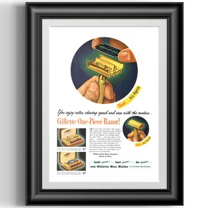 Vintage Gillette one piece twist to open razor advert poster print for your barber shop man cave and shave den wall decor