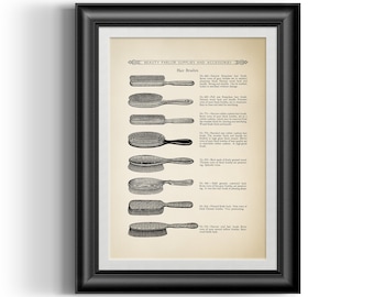 Early 1900s beauty parlour vintage hair brushes reproduction print from an old barber catalogue, vintage hair stylist hairdresser print
