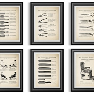 May include: Six black framed prints with white backgrounds and black text. The prints feature vintage illustrations of barbering tools and equipment, including combs, brushes, scissors, razors, and a barber chair. The text on the prints includes the names of the tools and their descriptions.