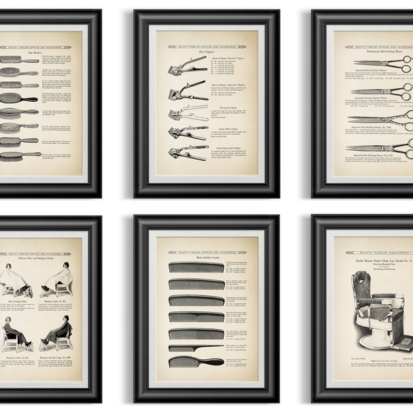 Set of 6 vintage hairdresser reproduction poster prints for a price of 5, perfect to complement your vintage hair salon decor