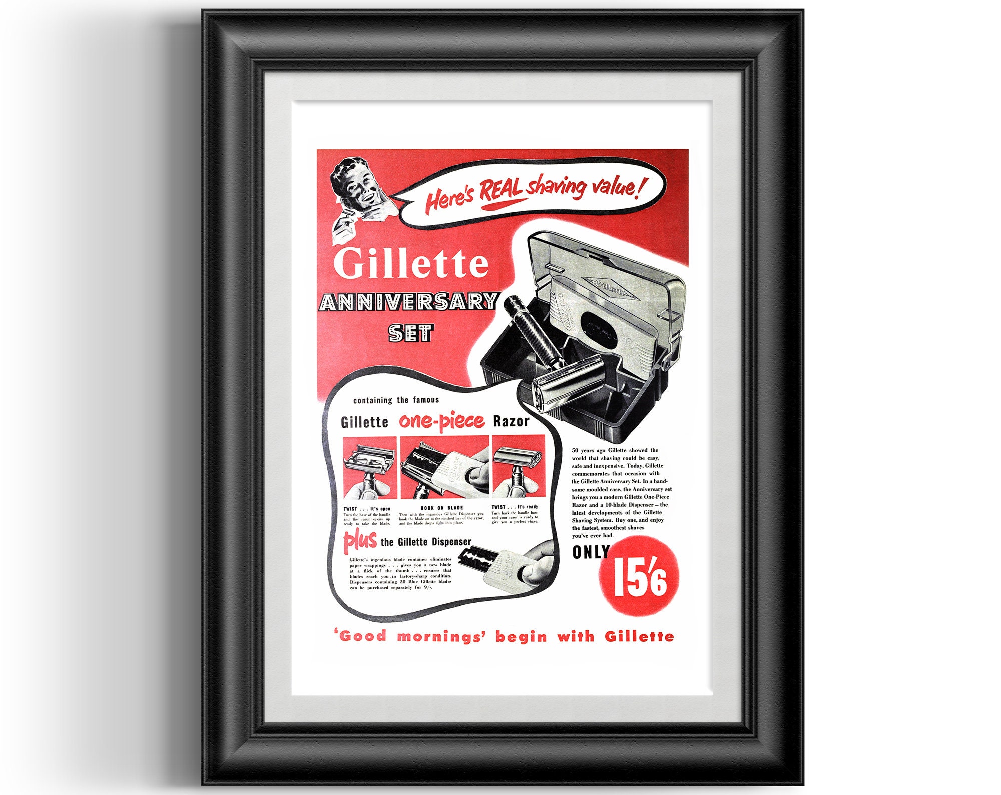 Wall art Reproduction. Thin Gillette Vintage magazine advert poster 