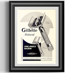 Vintage Gillette Aristocrat twist to open TTO razor advert poster print for your barber shop man cave and shave den wall decor