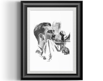 Barber art vintage portrait of a clean shaven man, professionally remastered poster print for man cave and shave den wall decor