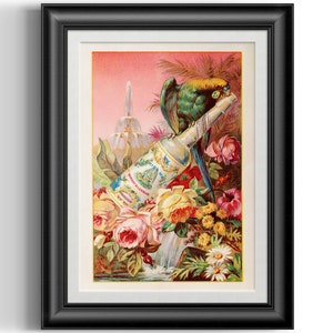 Impression de reproduction de carte publicitaire Florida Water avec fontaine de jouvence, roses et perroquet. Tirage d'art rétro rituel 0272