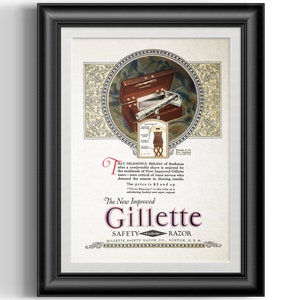 The New Improved Gillette safety razor advert reproduction print, remastered barber shop wet shaving and man cave wall decor art