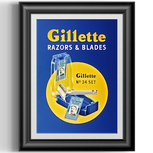 1956 Gillette Tech No24 Made in England set advert reproduction print, man cave and shaving den wall decor poster art