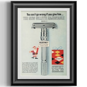 Gillette Slim Adjustable Mark II safety razor advert print, remastered barber shop man cave fathers gift bathroom art poster