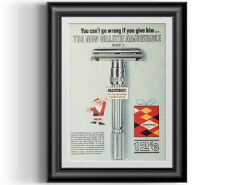 Gillette Slim Adjustable Mark II safety razor advert print, remastered barber shop man cave fathers gift bathroom art poster