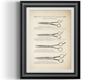 May include: A vintage advertisement for professional hair-cutting shears. The ad features six different types of shears, with descriptions of their features and origins. The text reads "Beauty Parlor Supplies and Accessories, Professional Hair-Cutting Shears".