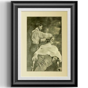 Traditional barber cut throat razor shave illustration from early 1900&#39;s, reproduction print for your shave den or mens bathroom decor