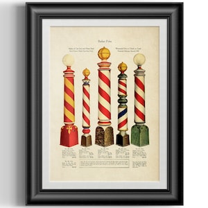 Vintage barber poles reproduction print from old 1919 catalogue page, barber shop shave den decor and barbers gift poster print