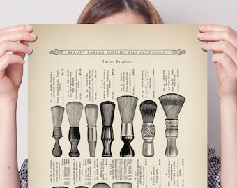 Shaving brush advert reproduction print, early 1900s vintage barber shave brushes poster reprint from an old wet shaving barber catalogue