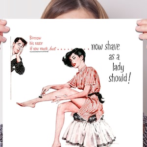 Pin up art ladies shaving cream advert reproduction poster print, bathroom barber shop man cave and shaving den wall decor art