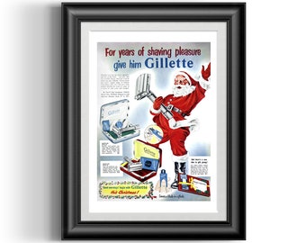 Gillette safety razor and blades sets 1950s Christmas newspaper advert reproduction print, barber shop Holiday vintage wall decor