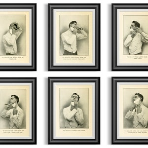 May include: Six black framed illustrations showing a man shaving his face in different positions. Each illustration has text below the image describing the area of the face being shaved. The text includes phrases like "To shave the right side of the face" and "To shave under the chin".