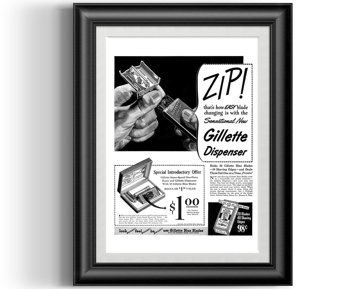 Gillette Safety Razor Vintage advertising Reproduction poster Wall art. 