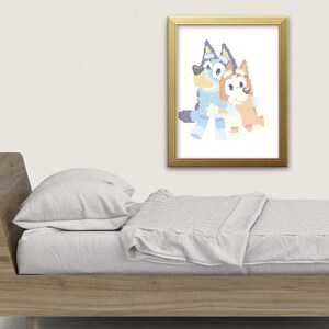 Cartoon blue and orange dog portrait cross stitch style pixelated Childs bedroom prints decor A4 Blue
