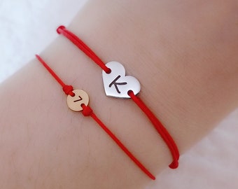 Silver Heart Custom Initial Bracelet Red String Amulet Kabbalah Protective Birthday Gift Christmas Friendship Name Couple Women Men Teenager