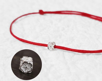 925 STERLING SILVER Flower Cherry Blossom Red String Bracelet Amulet Kabbalah Protection Gift Friendship Luck Dainty Surfer Women Men Couple