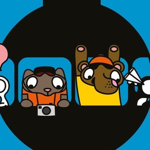 May include: A cartoon illustration of four animals riding in a hot air balloon. A brown cat with a camera, a brown bear wearing a yellow shirt and a hat, a white bird holding a pink balloon, and a black and white penguin holding a paper airplane.