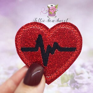 Red Glitter EKG Heart feltie, heart Felties, EKG Medical Feltie, Medical Feltie, Set of 3