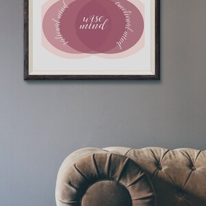 May include: A framed print with a pink and white Venn diagram illustration. The overlapping section of the circles is labeled "wise mind". The other two sections are labeled "rational mind" and "emotional mind".