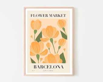Puede incluir: Una impresión artística enmarcada con un diseño floral. Presenta flores naranjas y hojas verdes sobre un fondo melocotón. Las palabras "FLOWER MARKET" y "BARCELONA" están impresas en negro, junto con coordenadas.