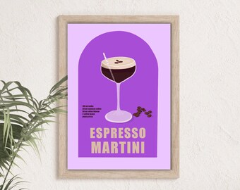 Puede incluir: Un póster ilustrado de color morado y blanco con una copa de martini llena de un líquido oscuro y una capa de espuma en la parte superior. La copa tiene una pajita. El póster tiene el texto "ESPRESSO MARTINI" y algunos granos de café esparcidos alrededor de la copa.