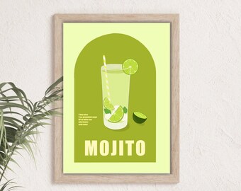 Puede incluir: Un póster ilustrado verde y amarillo con un vaso de mojito, rodajas de lima y una pajita. El texto "MOJITO" está impreso en letras amarillas y negritas.