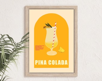 Puede incluir: Un póster de estilo retro con fondo amarillo y una ilustración de un cóctel Pina Colada. El póster tiene el texto "Pina Colada" en letras rojas y blancas.