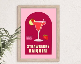 Puede incluir: Una ilustración enmarcada de una receta de cóctel daiquiri de fresa. La ilustración presenta un fondo rosa con un arco rojo. El cóctel está en una copa de martini con una pajita y una rodaja de lima. La receta está listada debajo del cóctel.