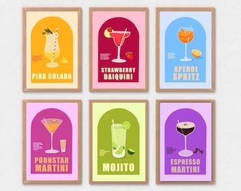Puede incluir: Seis ilustraciones coloridas de diferentes cócteles, cada una con un nombre e ingredientes enumerados debajo. Los cócteles son: Piña Colada, Daiquiri de fresa, Aperol Spritz, Martini Pornstar, Mojito y Espresso Martini.