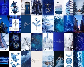 Puede incluir: Un collage de imágenes azules y blancas con varios temas, incluyendo cuerpos celestes, paisajes urbanos y citas inspiradoras. El texto incluye "Why fit in when you were born to stand out?", "Lock at the stars tonight", "To the moon and back", "Sagittarius", "Ask, Seek, Knock", "Be Curious", "Now or Never", y más.