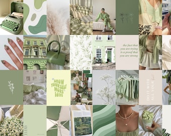 Puede incluir: Un collage de imágenes en tonos verdes y beige. Las imágenes incluyen una máquina de escribir, uñas verdes, un bolso, un edificio, una persona con ropa verde, un matcha y texto que dice "SHOW YOURSELF MORE LOVE" y "DO IT WITH ALL YOUR HEART".