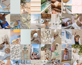 Puede incluir: Un collage de imágenes con una variedad de temas de vacaciones de verano, incluyendo playas, conchas marinas, piscinas y edificios encalados. Las imágenes están dispuestas en una cuadrícula y presentan una variedad de colores, incluyendo azul, blanco y beige.