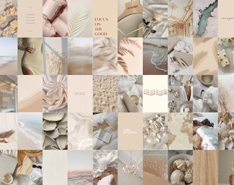 Puede incluir: Un collage de 36 imágenes dispuestas en una cuadrícula, con una paleta de colores neutros beige, blanco y crema. Las imágenes incluyen varias texturas, como arena, tela y conchas, así como formas y patrones abstractos. Algunas imágenes presentan texto, como "Focus on the good" y "Hello gorgeous".