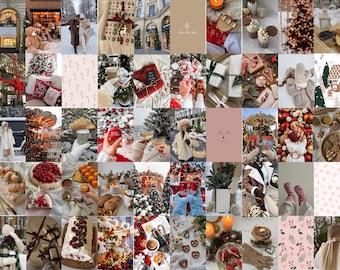 Puede incluir: Un collage de imágenes con escenas de invierno, decoraciones navideñas y actividades acogedoras de invierno. Las imágenes incluyen un árbol de Navidad nevado, un carrusel, una casa de jengibre, una taza de chocolate caliente y una persona con un abrigo de invierno.